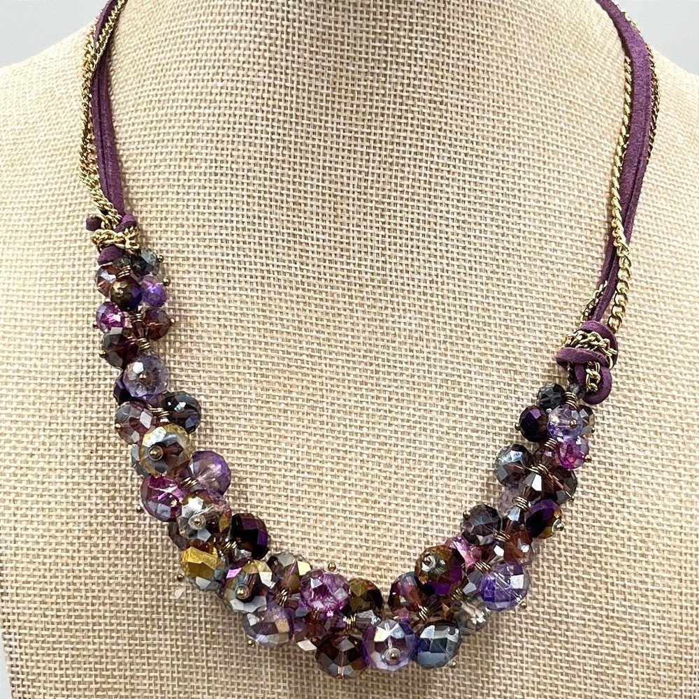 VTG Ali Khan New York Purple Crystal Cluster Statement Necklace Gold Tone Boho